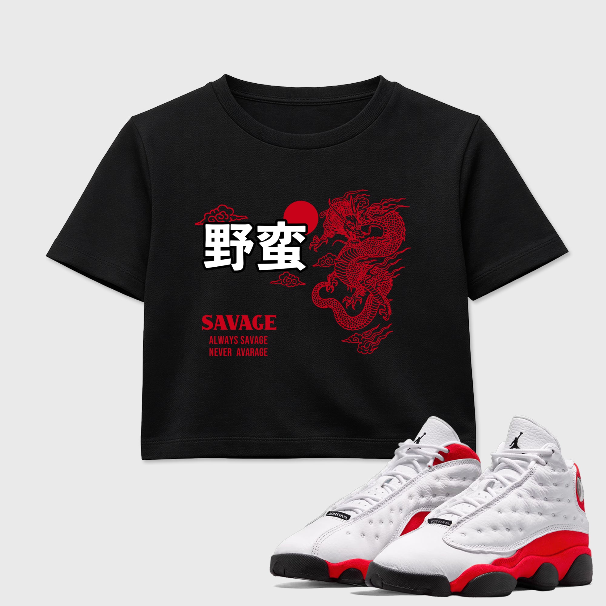 Sneaker match tees – Sneaker Tees To Match Air Jordan 13 University Red Shoes – Dragon Savage Crop T-Shirt Black 1