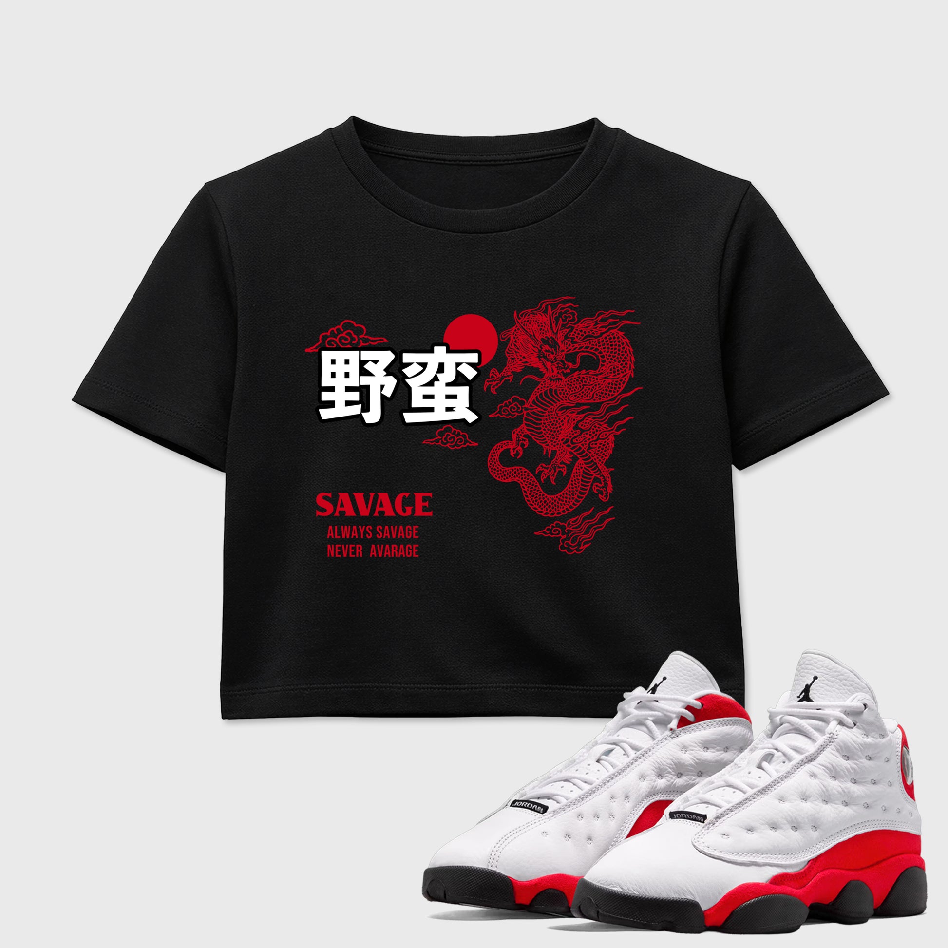 Sneaker match tees – Sneaker Tees To Match Air Jordan 13 University Red Shoes – Dragon Savage Crop T-Shirt Black 1