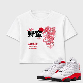 Sneaker match tees – Sneaker Tees To Match Air Jordan 13 University Red Shoes – Dragon Savage Crop T-Shirt White 1