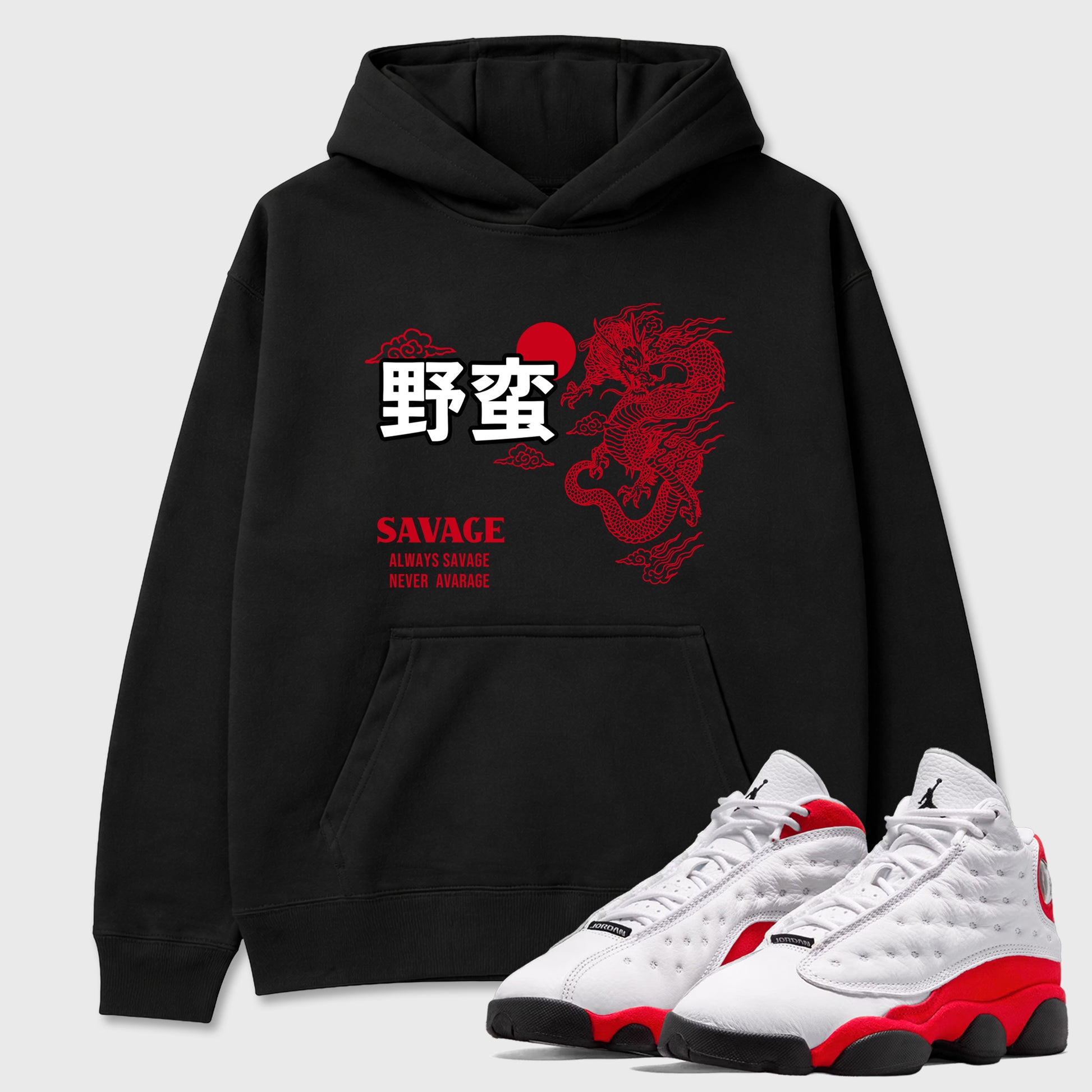 Sneaker match tees – Sneaker Tees To Match Air Jordan 13 University Red Shoes – Dragon Savage Tee Black 1