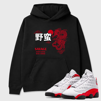 Sneaker match tees – Sneaker Tees To Match Air Jordan 13 University Red Shoes – Dragon Savage Tee Black 1