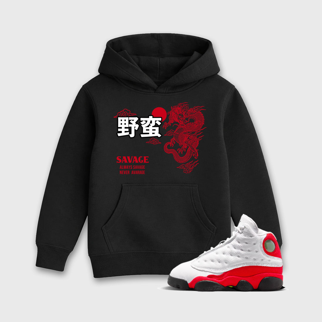 Sneaker match tees – Sneaker Tees To Match Air Jordan 13 University Red Shoes – Dragon Savage Kids T-Shirt Black 1