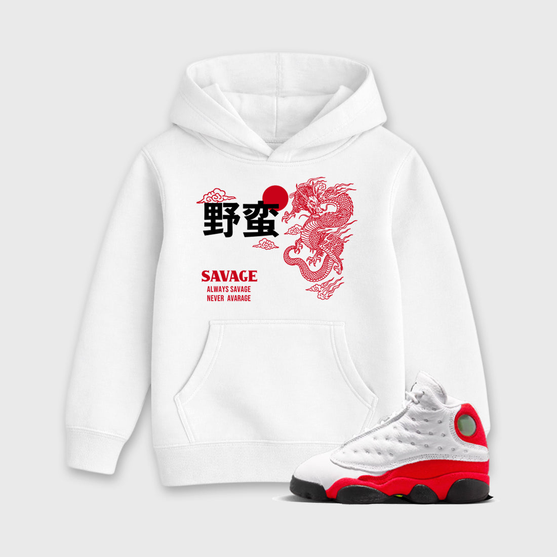 Sneaker match tees – Sneaker Tees To Match Air Jordan 13 University Red Shoes – Dragon Savage Kids T-Shirt White 1