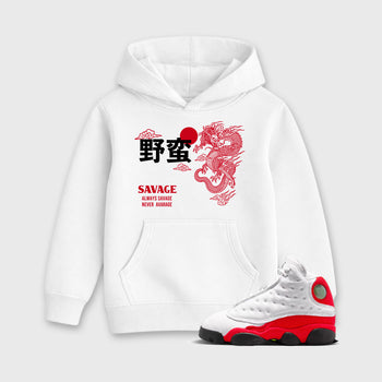 Sneaker match tees – Sneaker Tees To Match Air Jordan 13 University Red Shoes – Dragon Savage Kids T-Shirt White 1