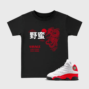 Sneaker match tees – Sneaker Tees To Match Air Jordan 13 University Red Shoes – Dragon Savage Kids T-Shirt Black 1