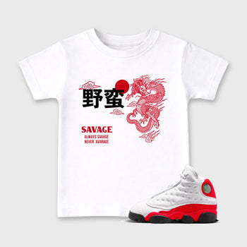 Sneaker match tees – Sneaker Tees To Match Air Jordan 13 University Red Shoes – Dragon Savage Kids T-Shirt White 1