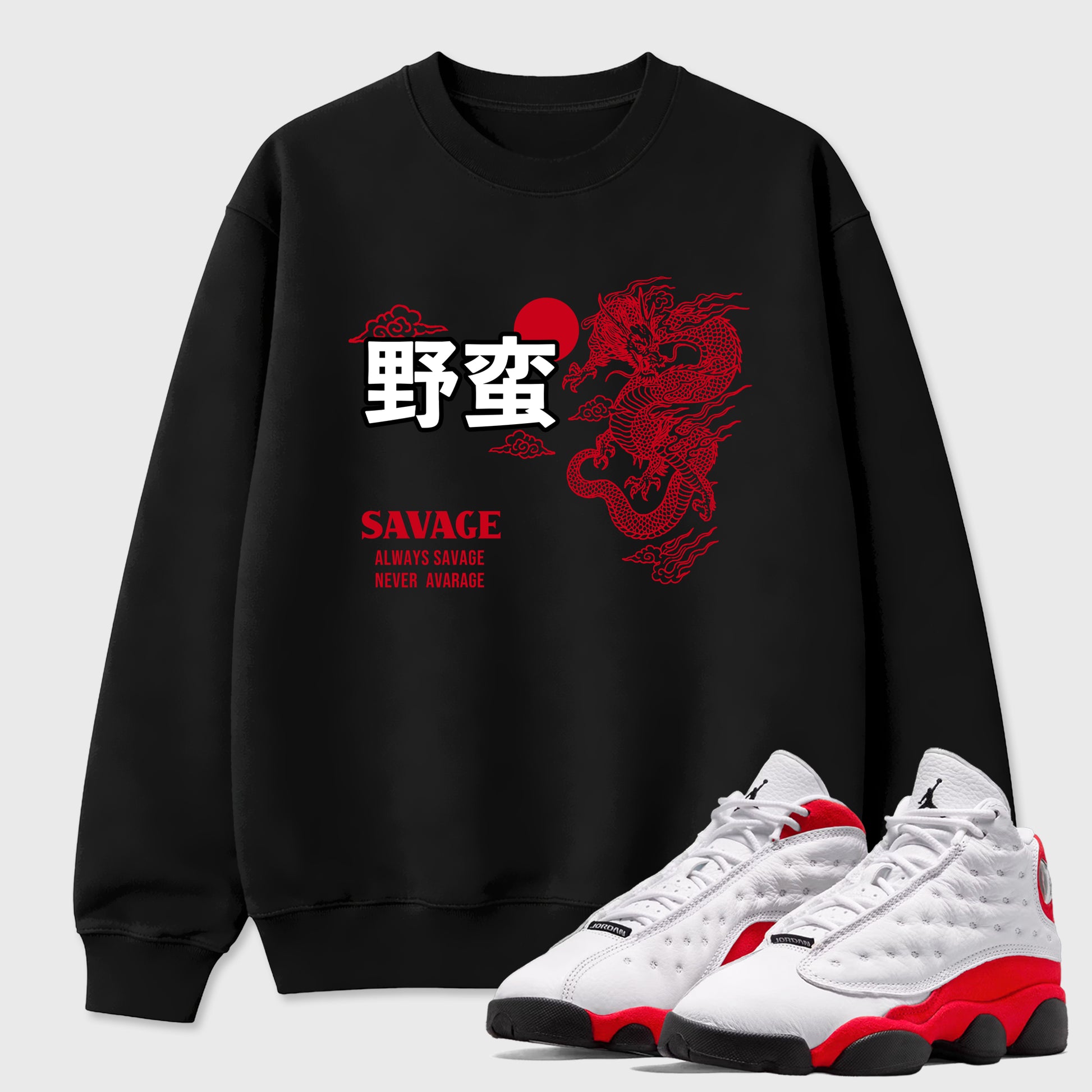 Sneaker match tees – Sneaker Tees To Match Air Jordan 13 University Red Shoes – Dragon Savage Tee Black 1