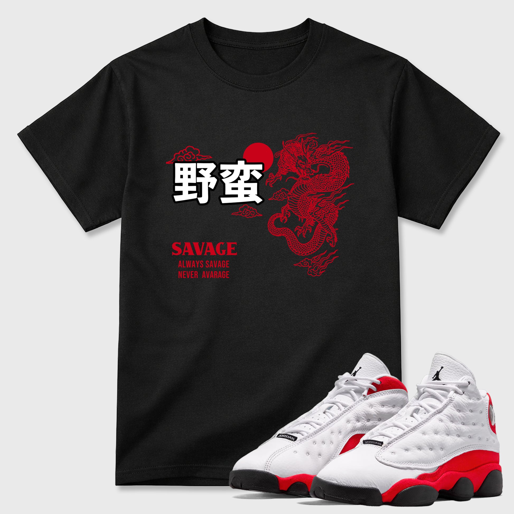 Sneaker match tees – Sneaker Tees To Match Air Jordan 13 University Red Shoes – Dragon Savage Tee Black 1