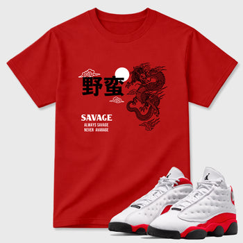 Sneaker match tees – Sneaker Tees To Match Air Jordan 13 University Red Shoes – Dragon Savage Tee Red 1