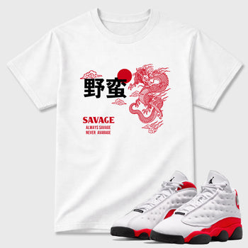 Sneaker match tees – Sneaker Tees To Match Air Jordan 13 University Red Shoes – Dragon Savage Tee White 1