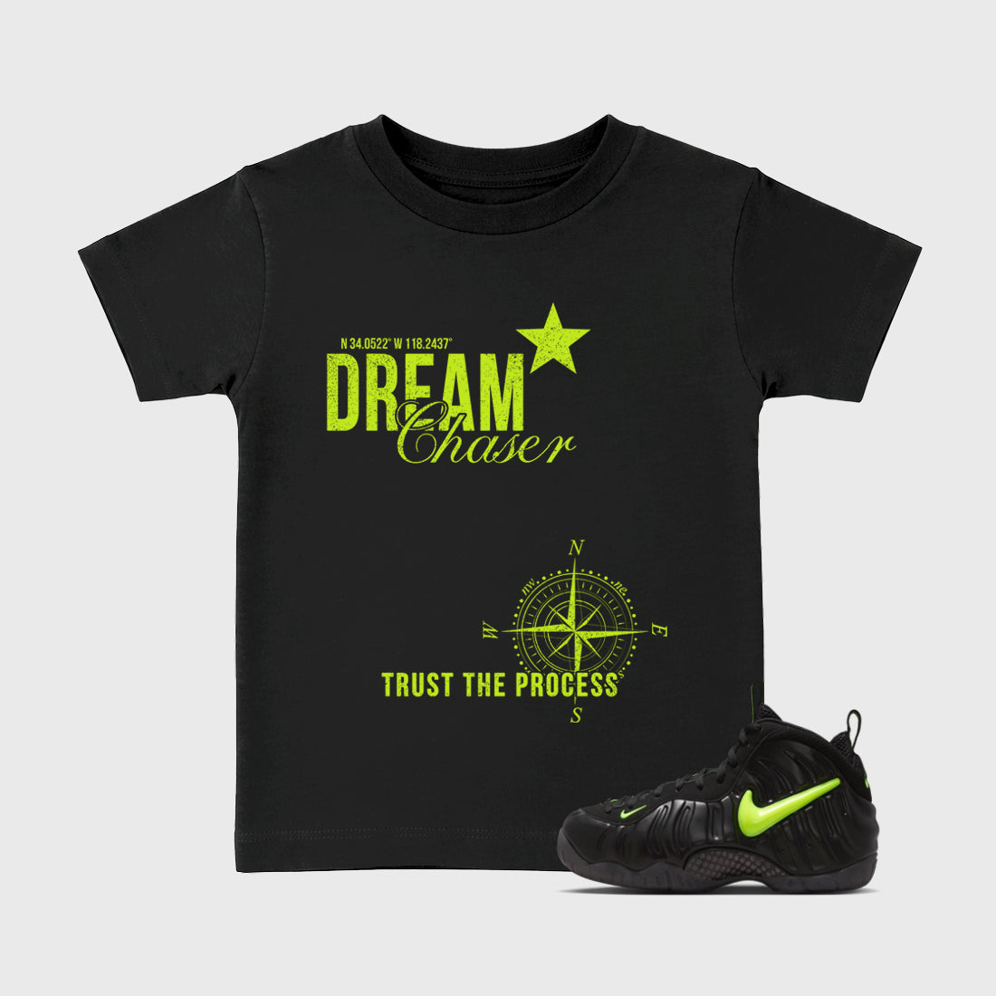 Sneaker match tees – Sneaker Tees To Match Air Foamposite Pro Black Shoes – Dream Chaser Kids T-Shirt Black 1