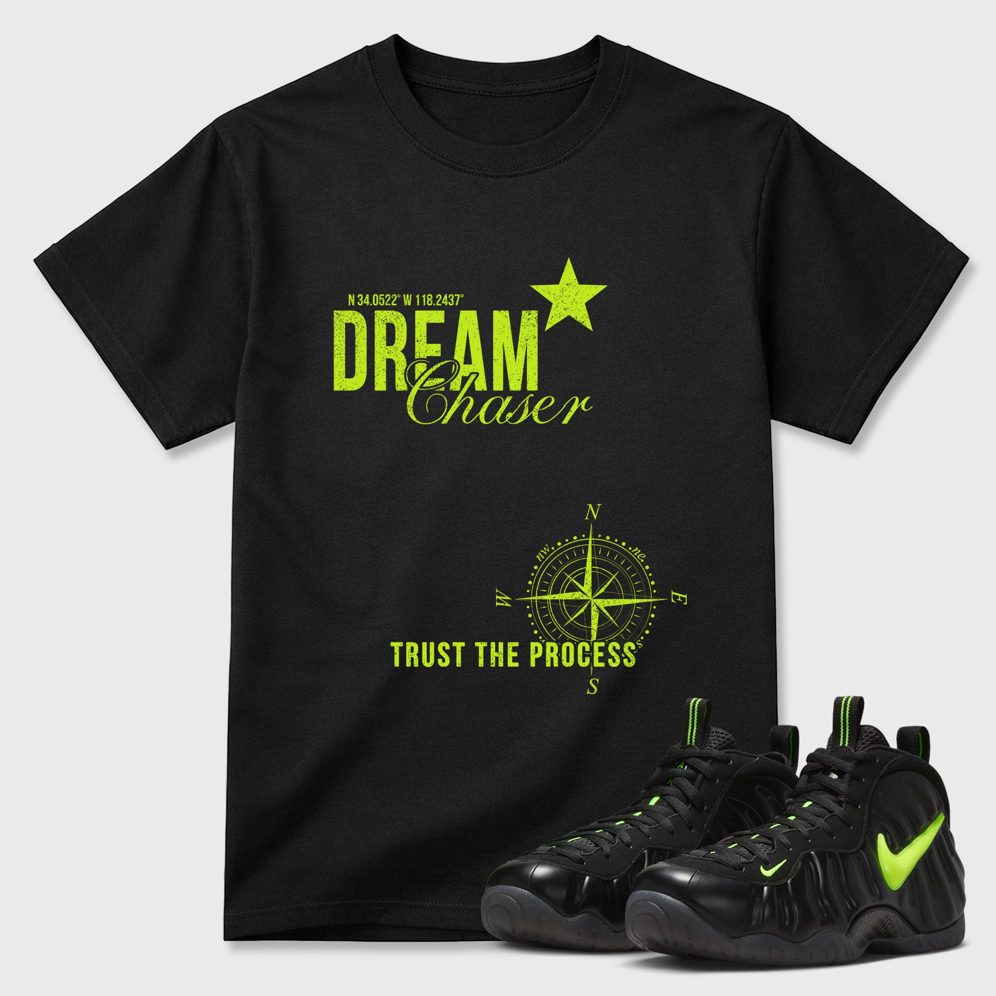 Sneaker match tees – Sneaker Tees To Match Air Foamposite Pro Black Shoes – Dream Chaser Tee Black 1