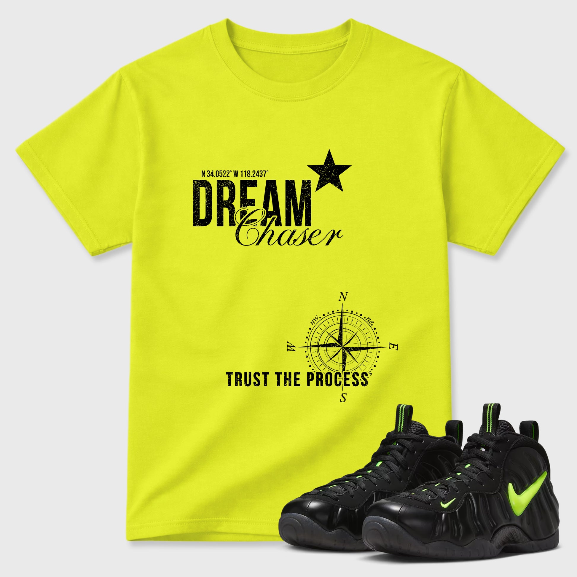Sneaker match tees – Sneaker Tees To Match Air Foamposite Pro Black Shoes – Dream Chaser Tee Safety Green 1