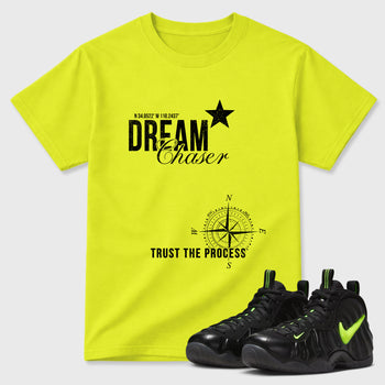 Sneaker match tees – Sneaker Tees To Match Air Foamposite Pro Black Shoes – Dream Chaser Tee Safety Green 1