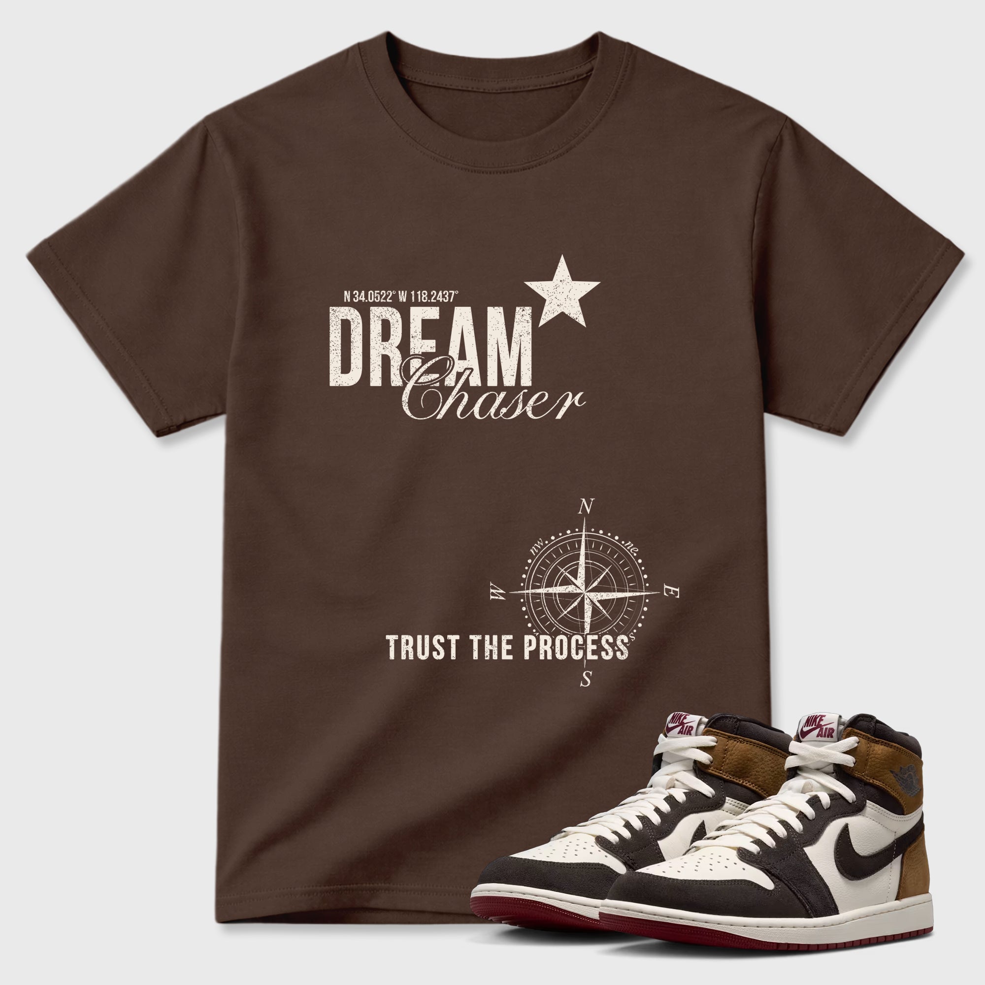 Dream Chaser Graphic T-Shirt featuring original streetwear artwork designed to match the Air Jordan 1 Love Letter. Dark Chocolate 1 Graphic T-Shirt.