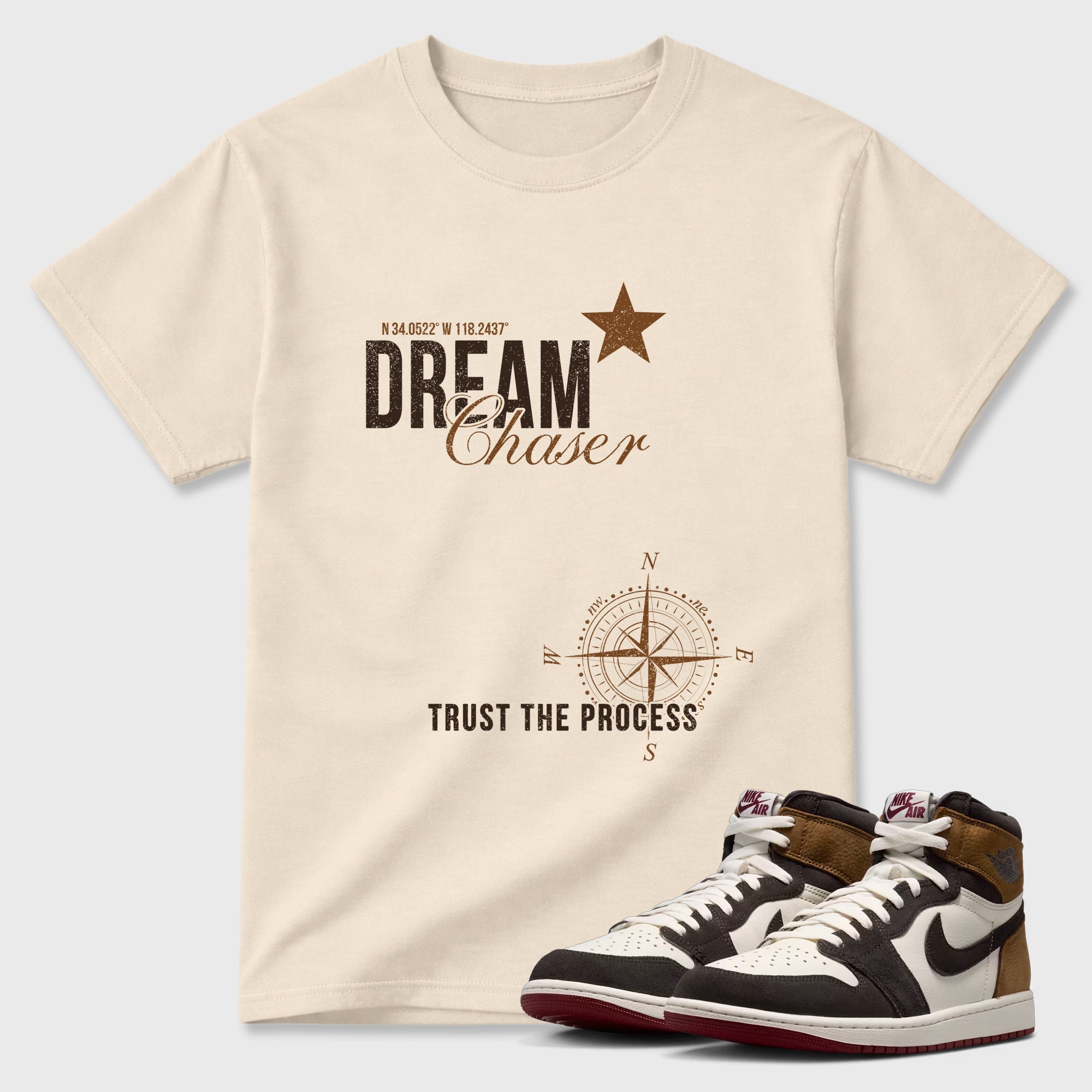 Dream Chaser Graphic T-Shirt featuring original streetwear artwork designed to match the Air Jordan 1 Love Letter. Natural 1 Graphic T-Shirt.