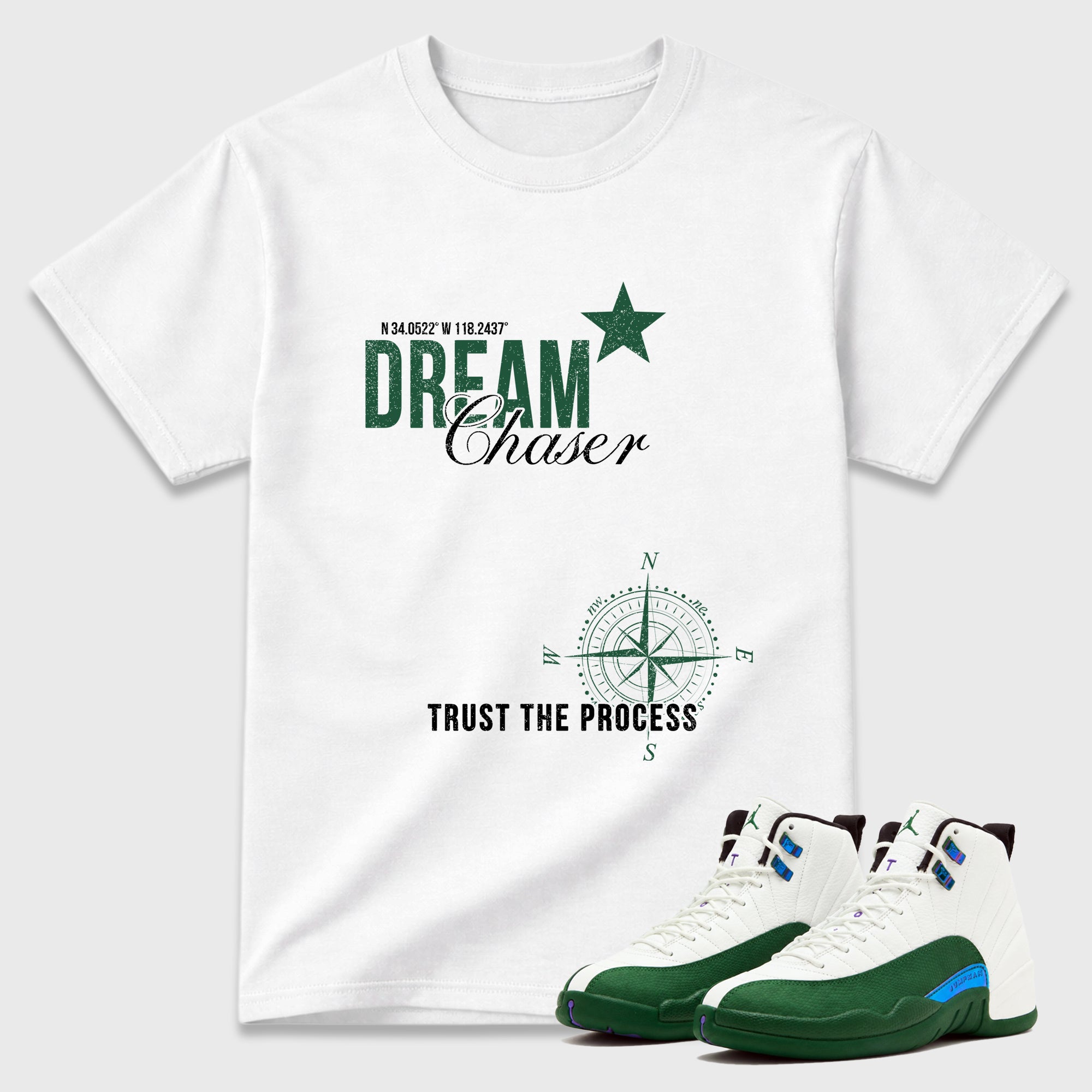 Dream Chaser Graphic T-Shirt featuring original streetwear artwork designed to match the Air Jordan 12 Summit Green. White 1 Graphic T-Shirt.