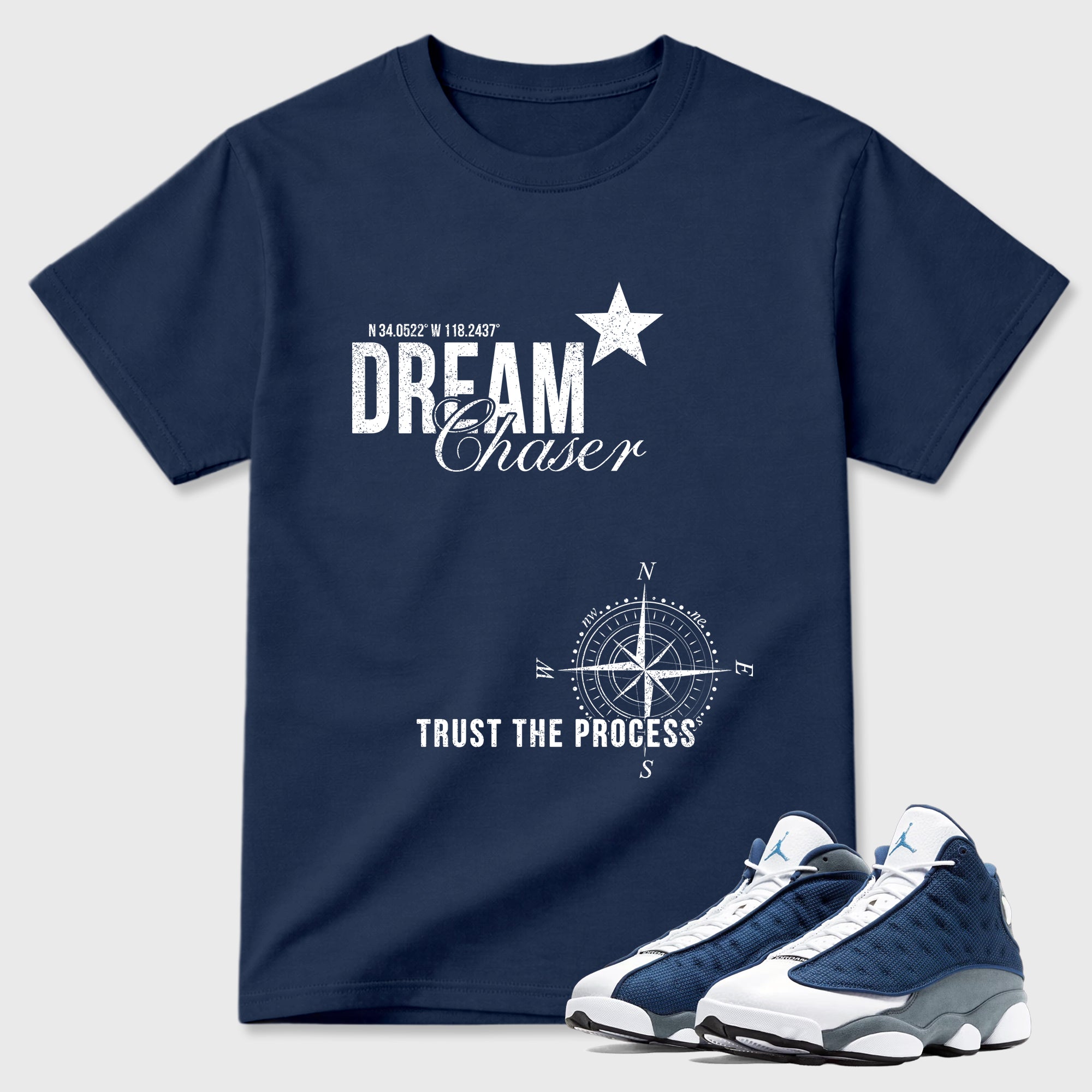 Dream Chaser Graphic T-Shirt featuring original streetwear artwork designed to match the Air Jordan 13 Flint. Navy 1 Graphic T-Shirt.