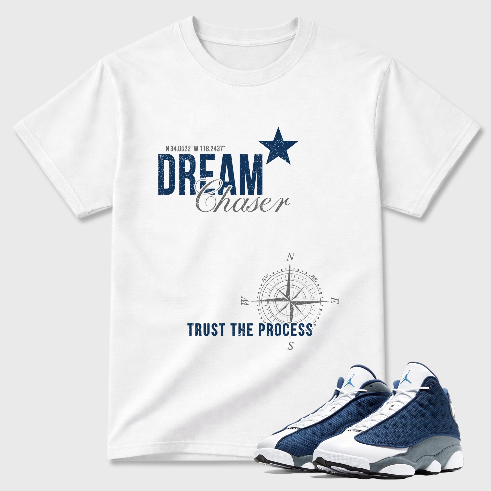 Dream Chaser Graphic T-Shirt featuring original streetwear artwork designed to match the Air Jordan 13 Flint. White 1 Graphic T-Shirt.