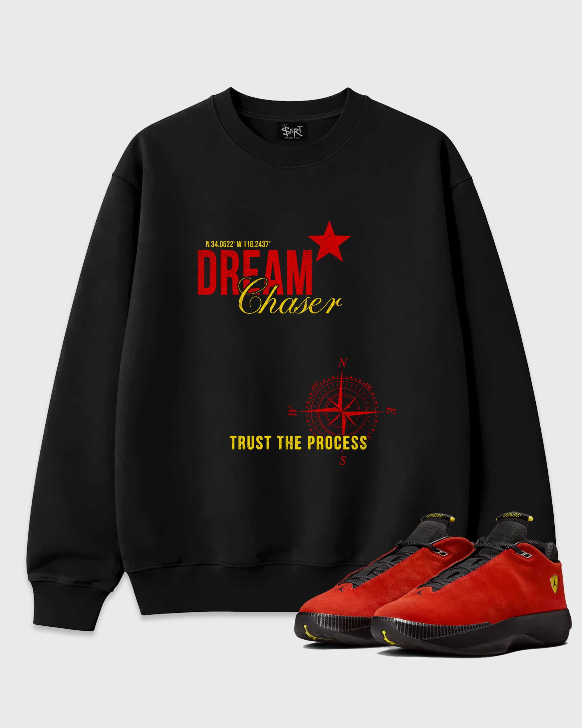 Dream Chaser Graphic T-Shirt featuring original streetwear artwork designed to match the Air Jordan 40 "14" Challenge Red Aka.Ferrari. Black 1 Graphic Tee.