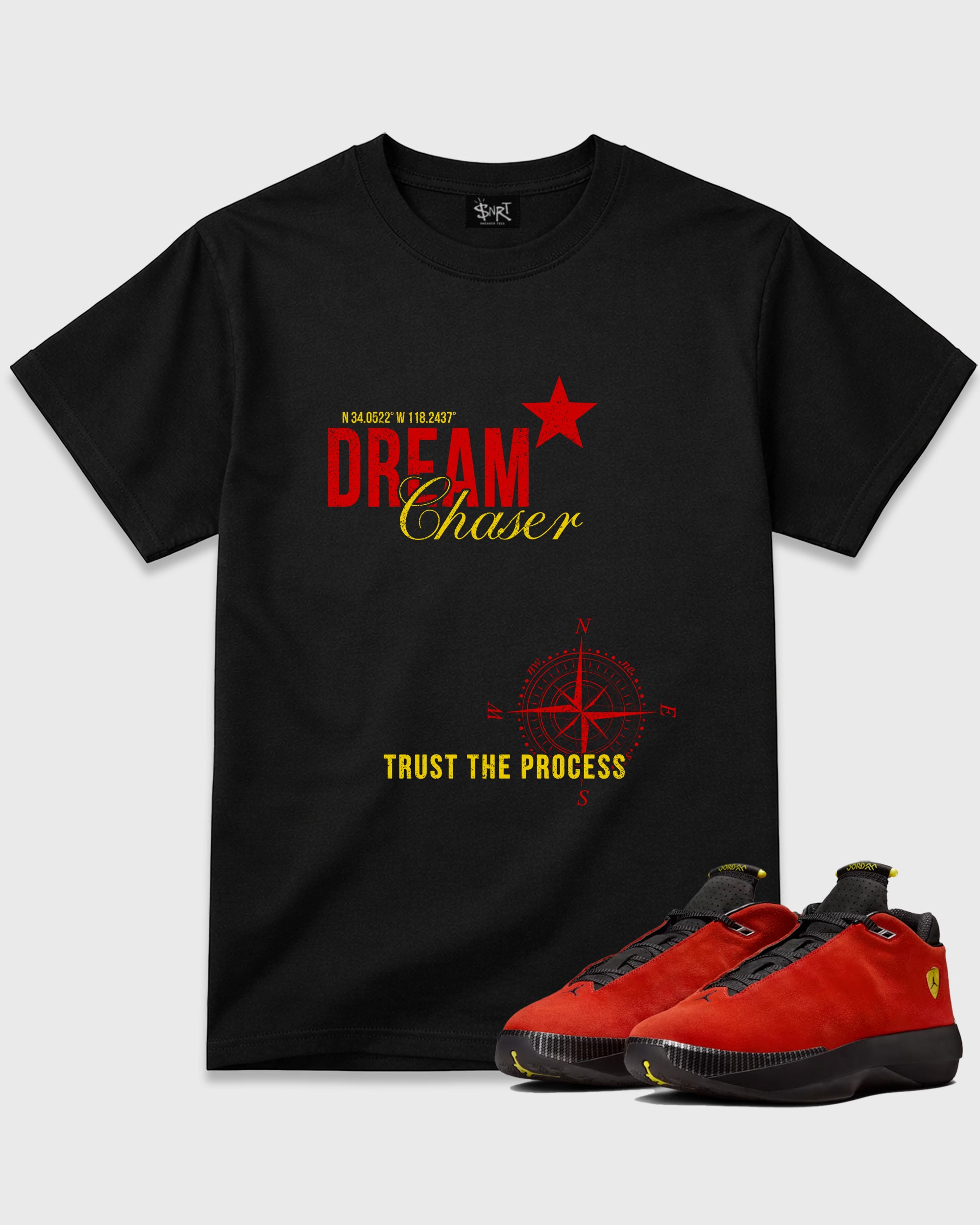 Dream Chaser Graphic T-Shirt featuring original streetwear artwork designed to match the Air Jordan 40 "14" Challenge Red Aka.Ferrari. Black 1 Graphic T-Shirt.