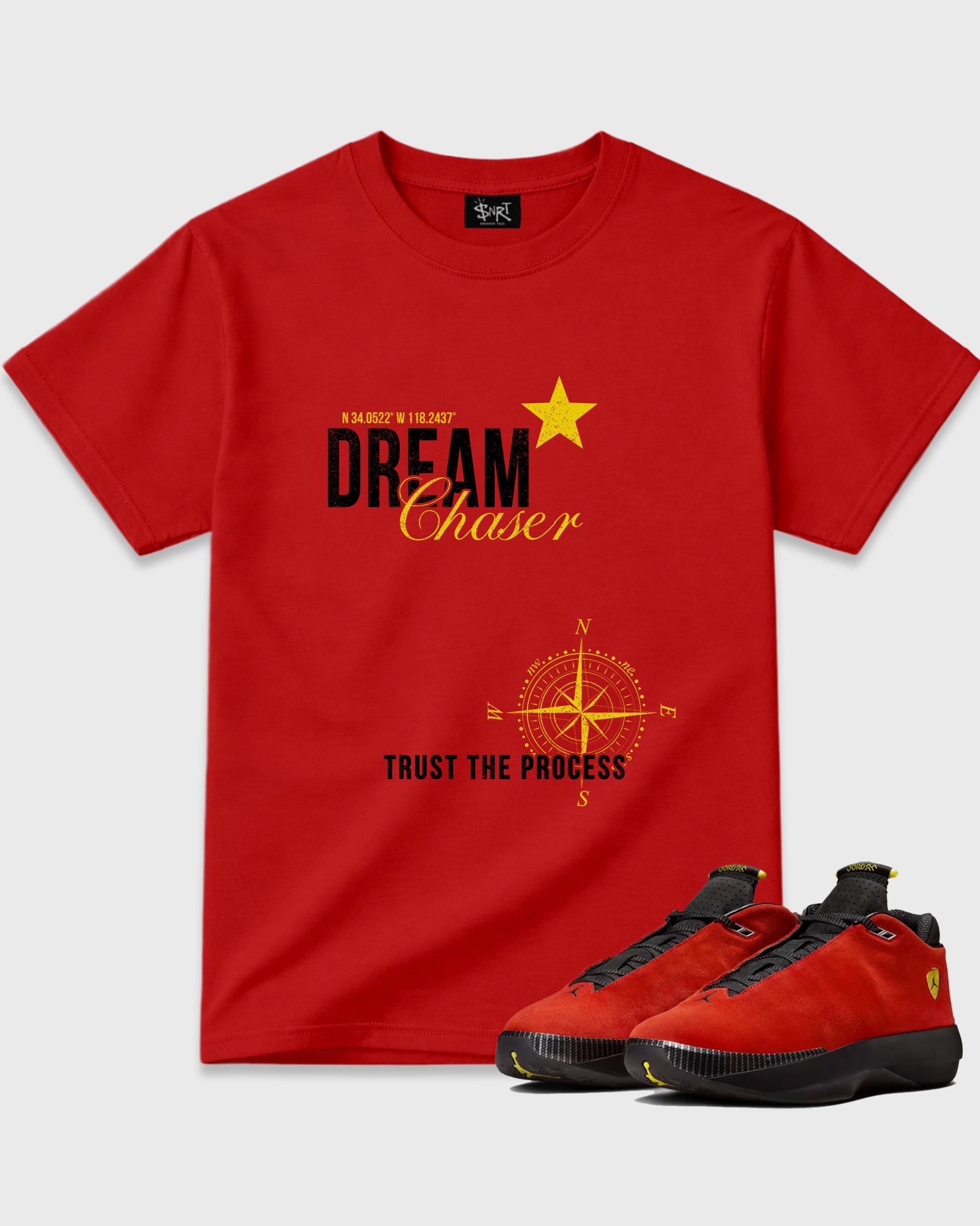 Dream Chaser Graphic T-Shirt featuring original streetwear artwork designed to match the Air Jordan 40 "14" Challenge Red Aka.Ferrari. Red 1 Graphic T-Shirt.
