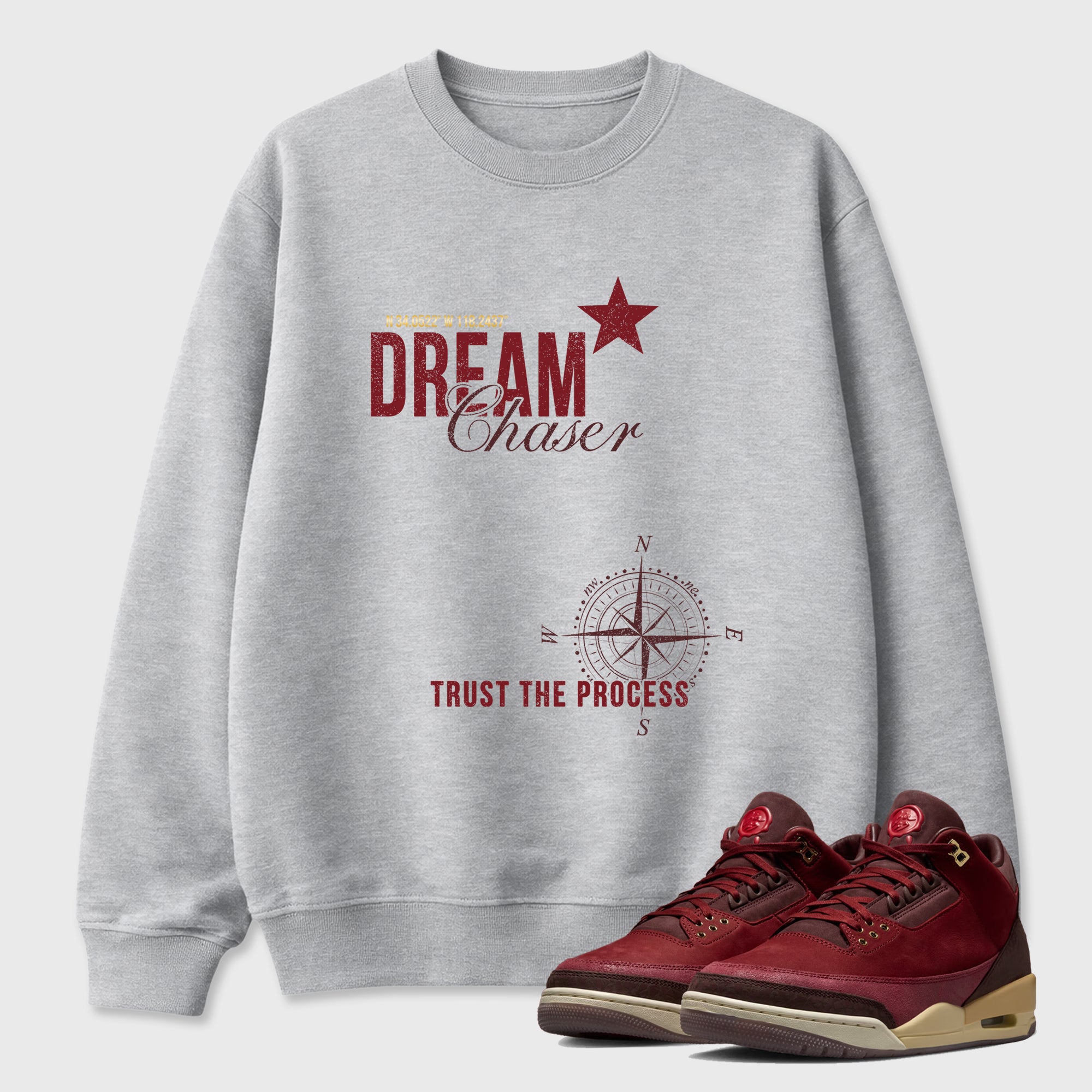 Dream Chaser Graphic T-Shirt sneaker match tee designed for the Air Jordan 3 Bin 23, featuring coordinated color options for a perfect streetwear match. Heather Grey 1 shirt.