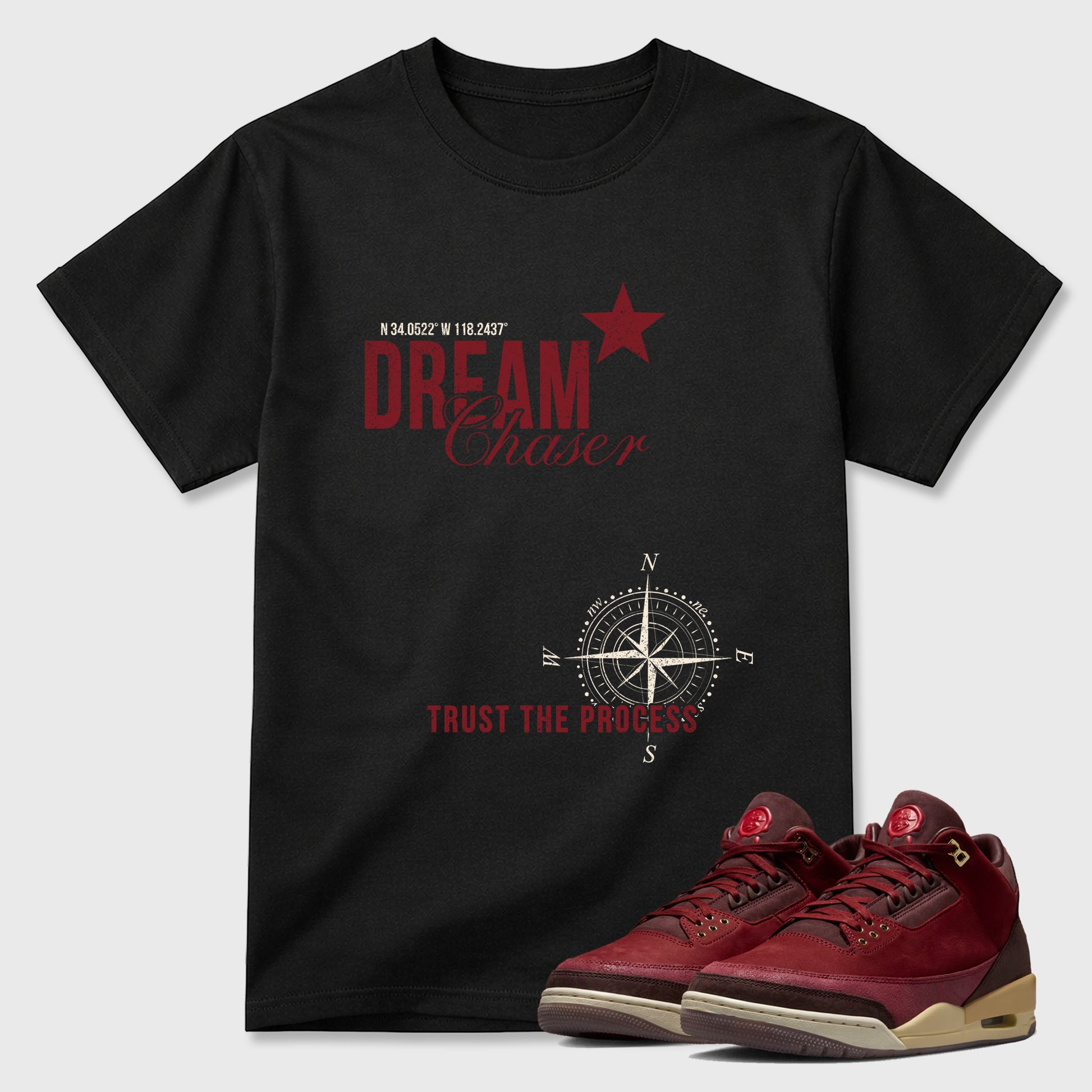 Dream Chaser Graphic T-Shirt sneaker match tee designed for the Air Jordan 3 Bin 23, featuring coordinated color options for a perfect streetwear match. Black 1 shirt.