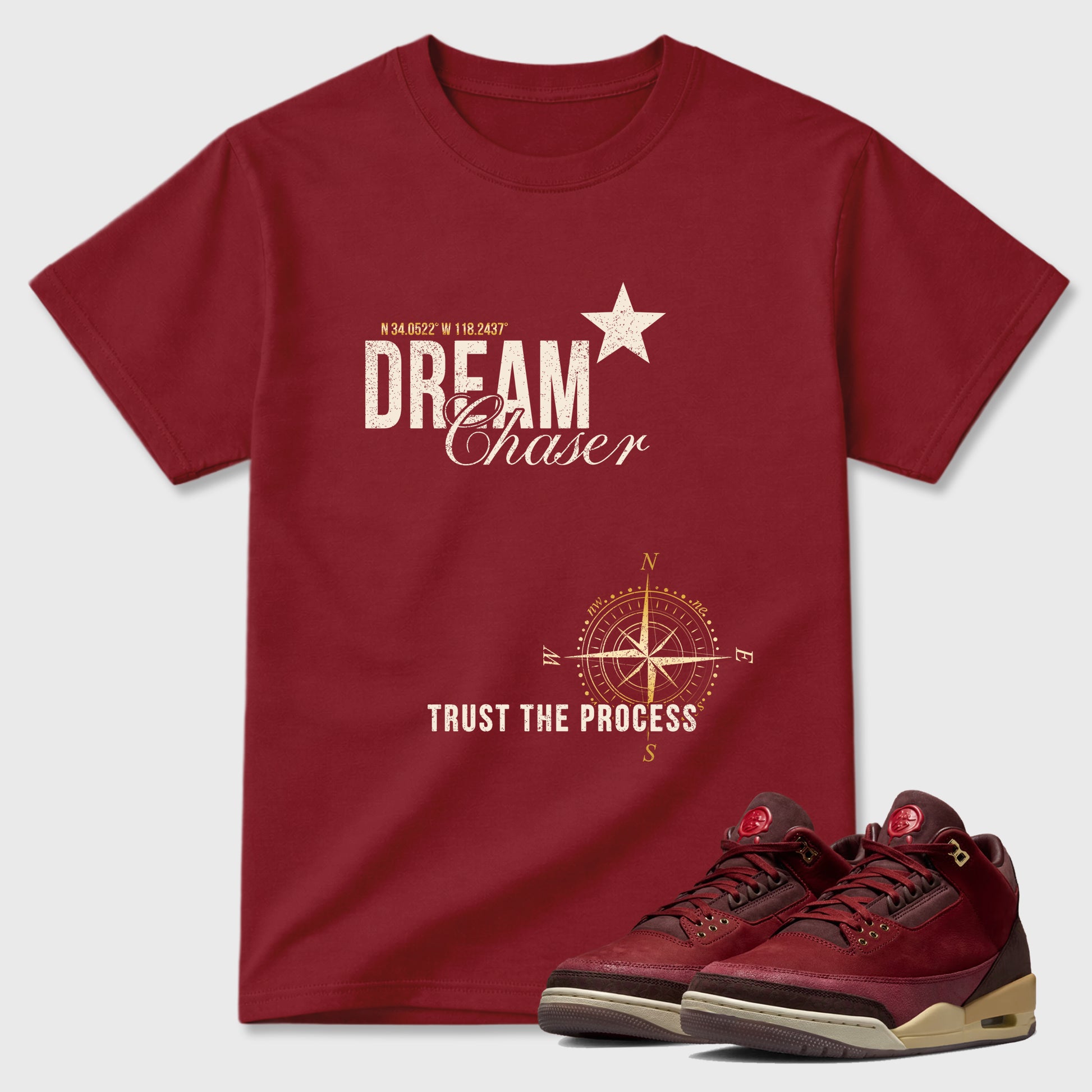 Dream Chaser Graphic T-Shirt sneaker match tee designed for the Air Jordan 3 Bin 23, featuring coordinated color options for a perfect streetwear match. Cardinal 1 shirt.