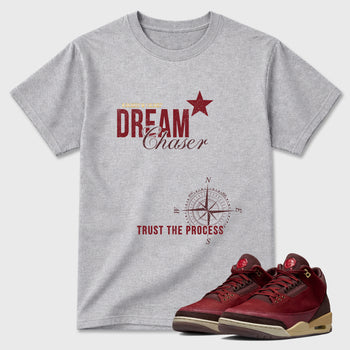 Dream Chaser Graphic T-Shirt sneaker match tee designed for the Air Jordan 3 Bin 23, featuring coordinated color options for a perfect streetwear match. Heather Grey 1 shirt.