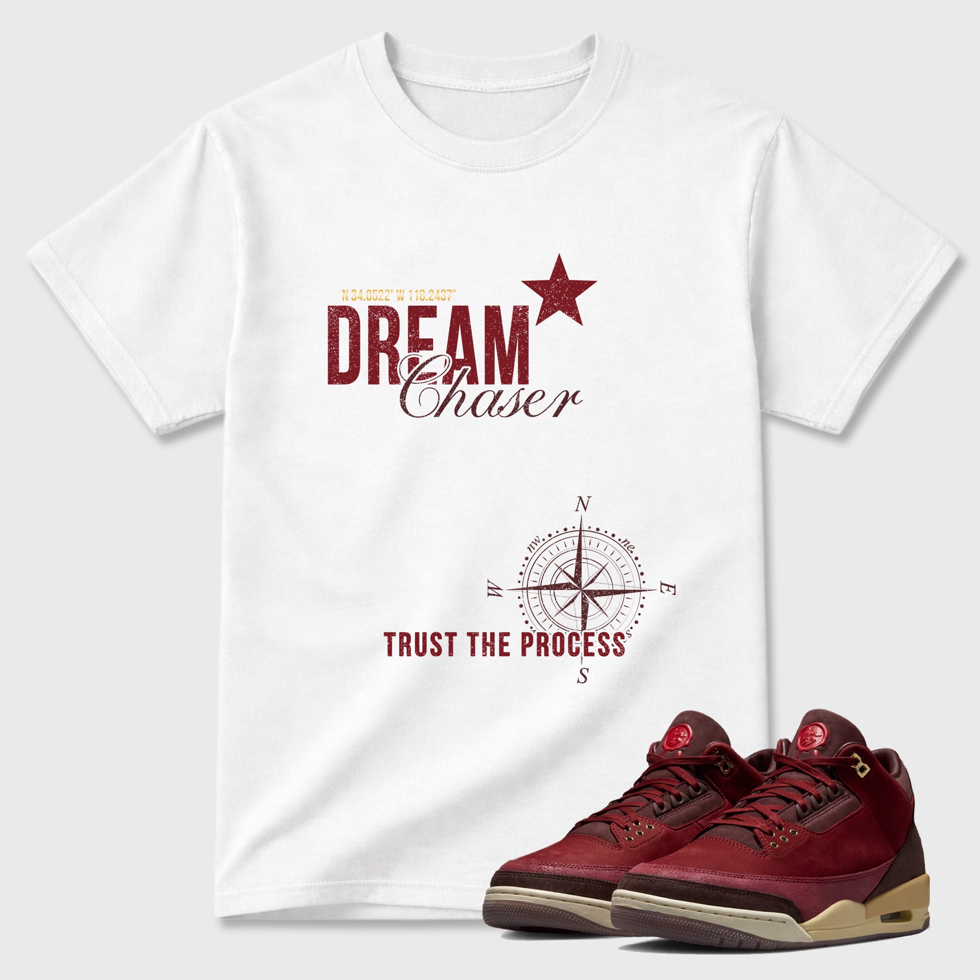 Dream Chaser Graphic T-Shirt sneaker match tee designed for the Air Jordan 3 Bin 23, featuring coordinated color options for a perfect streetwear match. White 1 shirt.