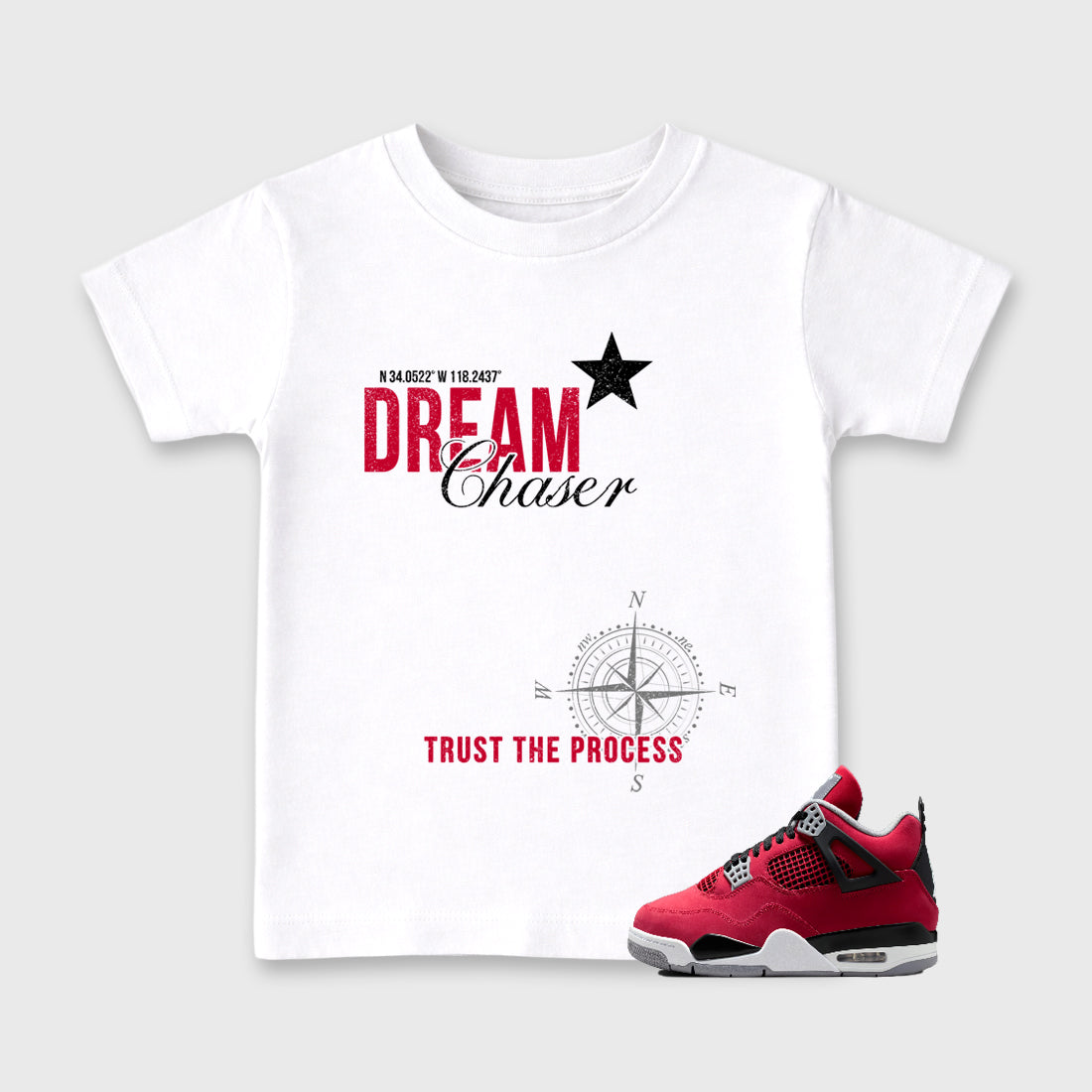 Sneaker match tees – Sneaker Tees To Match Air Jordan 4 Toro Bravo Shoes – Dream Chaser Kids T-Shirt White 1