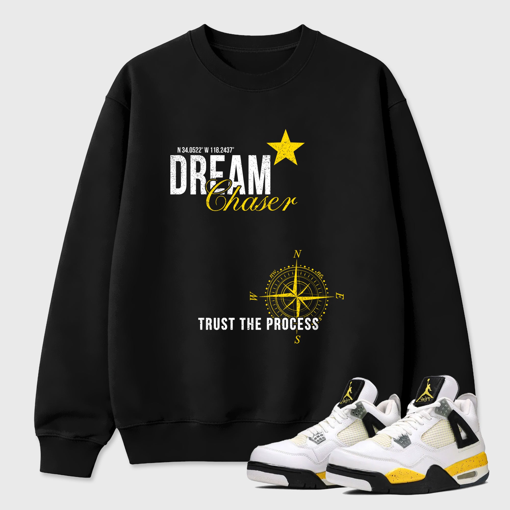 Dream Chaser Graphic T-Shirt featuring original streetwear artwork designed to match the Air Jordan 4 Tour Yellow. Black 1 Graphic Tee.