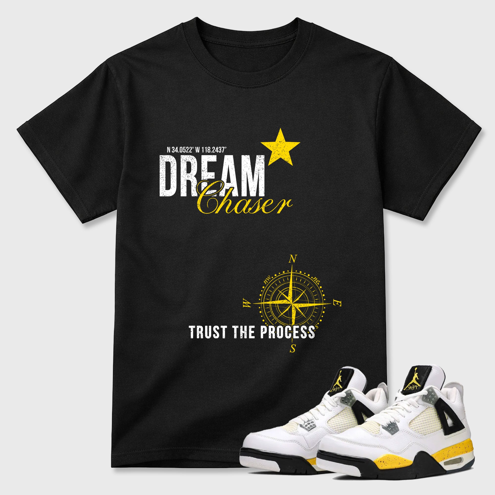 Dream Chaser Graphic T-Shirt featuring original streetwear artwork designed to match the Air Jordan 4 Tour Yellow. Black 1 Graphic T-Shirt.