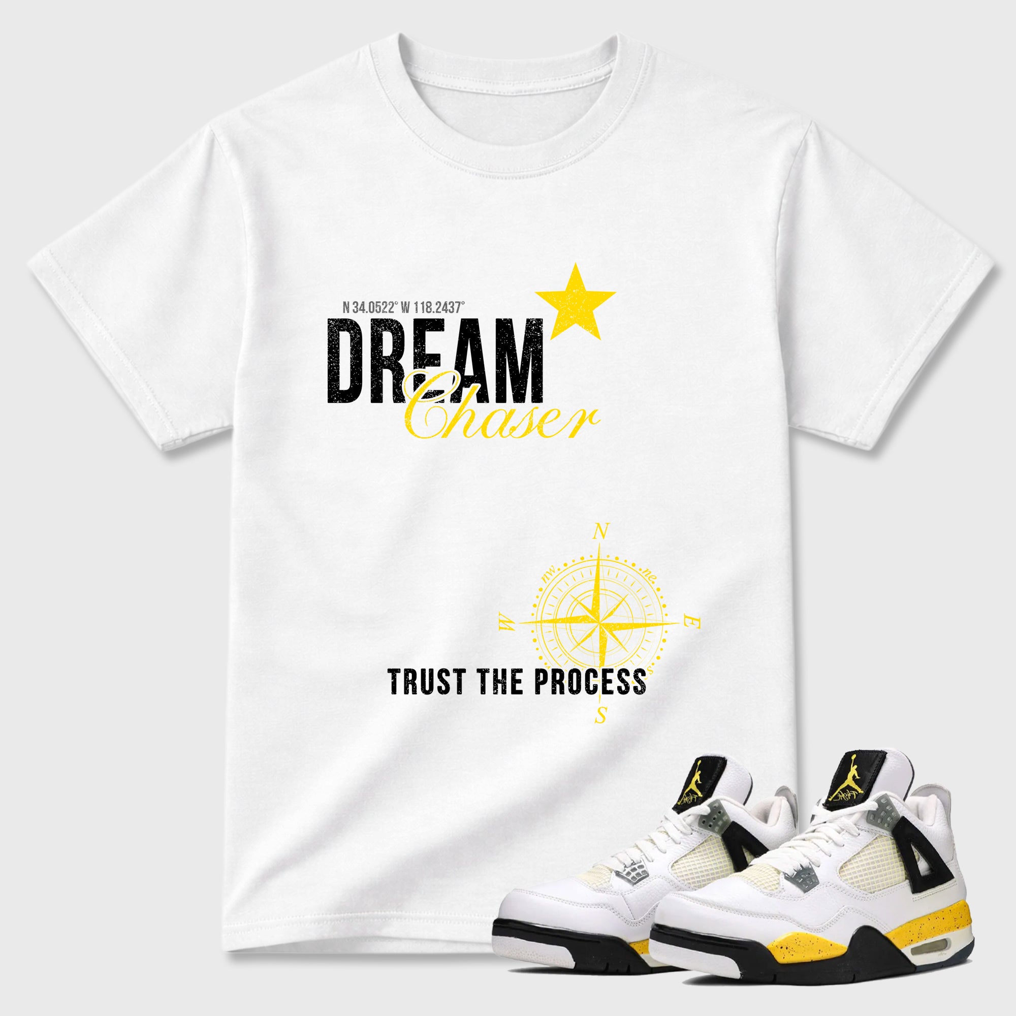 Dream Chaser Graphic T-Shirt featuring original streetwear artwork designed to match the Air Jordan 4 Tour Yellow. White 1 Graphic T-Shirt.
