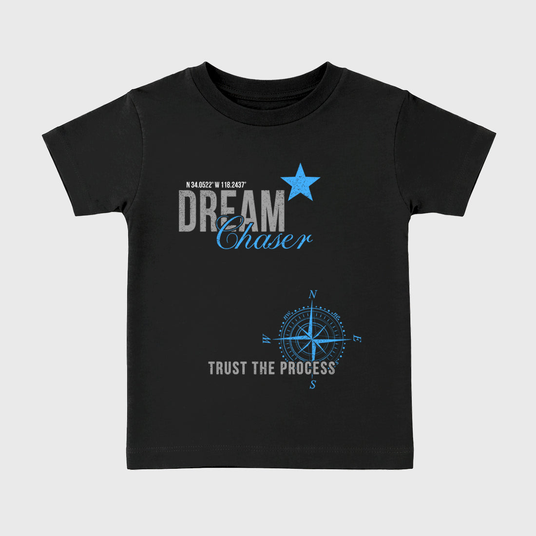 Dream Chaser affordable baby and kids t-shirt designed to match the Air Jordan 5 Black University Blue, featuring coordinated Black 2 options for the perfect little sneakerhead streetwear look.