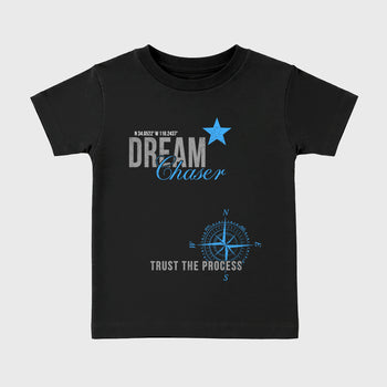 Dream Chaser affordable baby and kids t-shirt designed to match the Air Jordan 5 Black University Blue, featuring coordinated Black 2 options for the perfect little sneakerhead streetwear look.