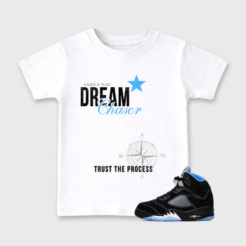 Dream Chaser affordable baby and kids t-shirt designed to match the Air Jordan 5 Black University Blue, featuring coordinated White 1 options for the perfect little sneakerhead streetwear look.