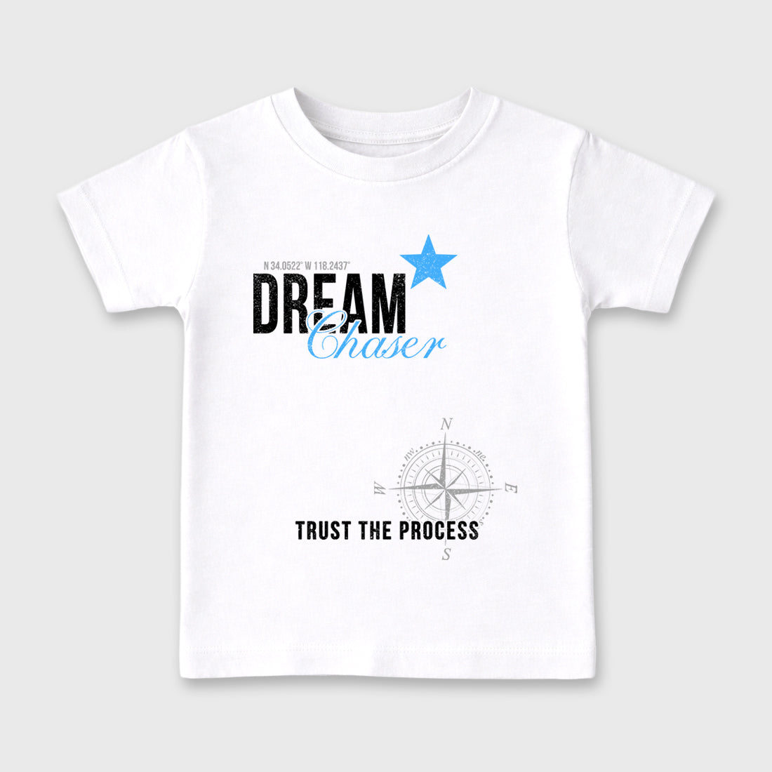 Dream Chaser affordable baby and kids t-shirt designed to match the Air Jordan 5 Black University Blue, featuring coordinated White 2 options for the perfect little sneakerhead streetwear look.