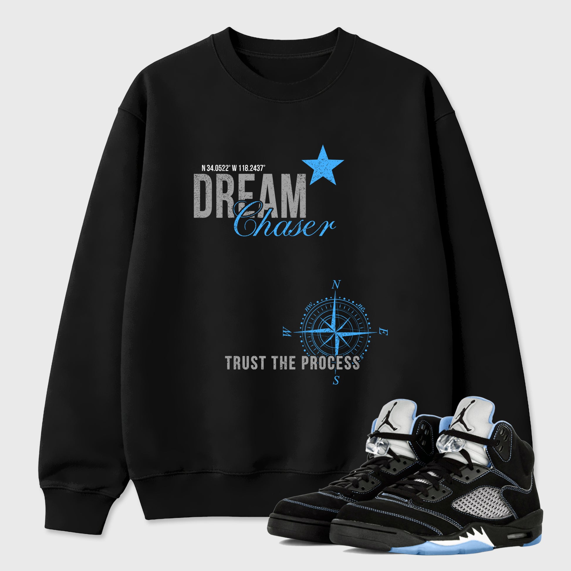 Dream Chaser Graphic T-Shirt sneaker match tee designed for the Air Jordan 5 Black University Blue, featuring coordinated color options for a perfect streetwear match. Black 1 shirt.