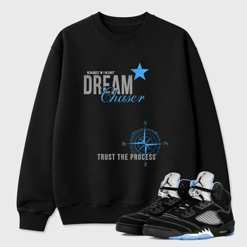 Dream Chaser Graphic T-Shirt sneaker match tee designed for the Air Jordan 5 Black University Blue, featuring coordinated color options for a perfect streetwear match. Black 1 shirt.