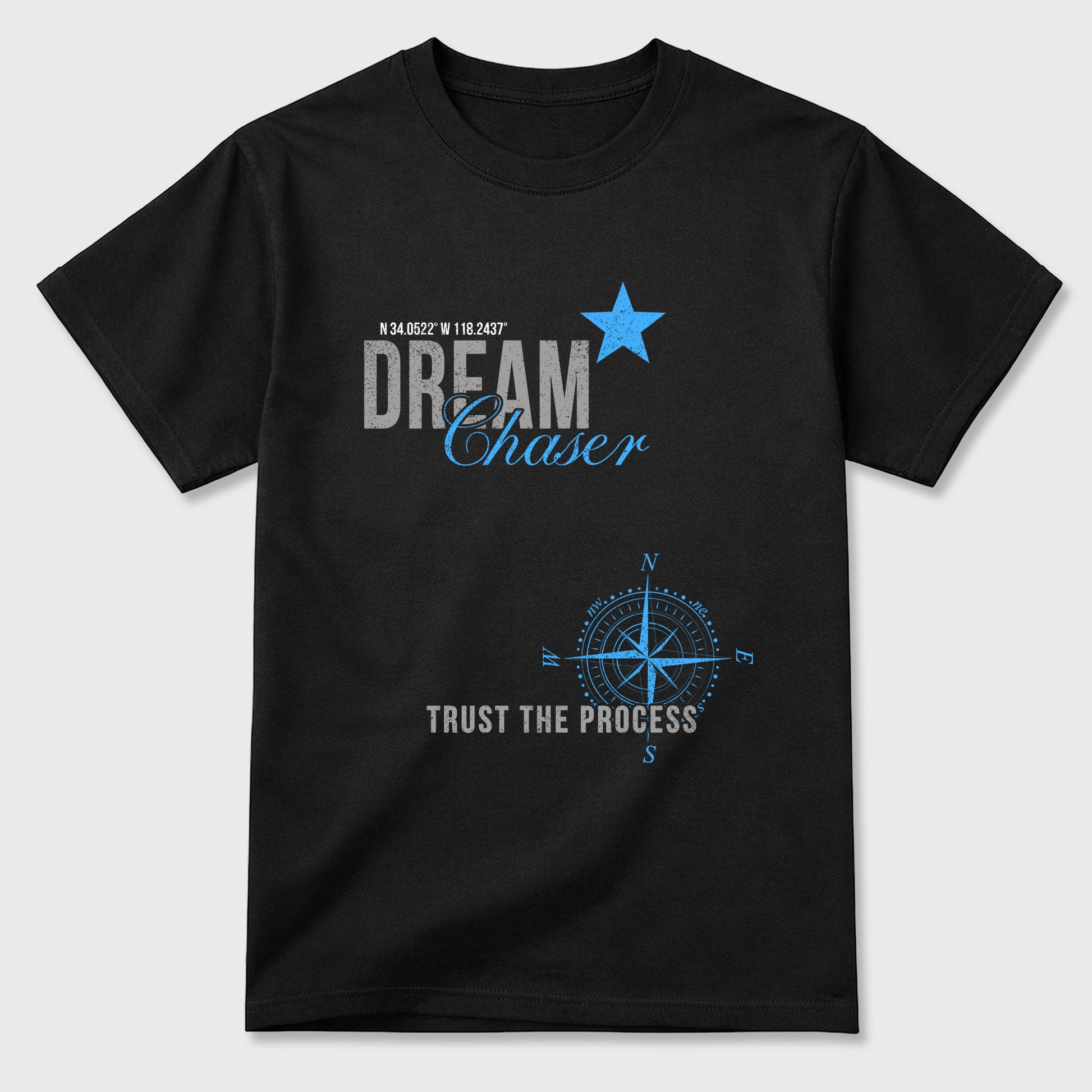 Dream Chaser Graphic T-Shirt sneaker match tee designed for the Air Jordan 5 Black University Blue, featuring coordinated color options for a perfect streetwear match. Black 2 shirt.