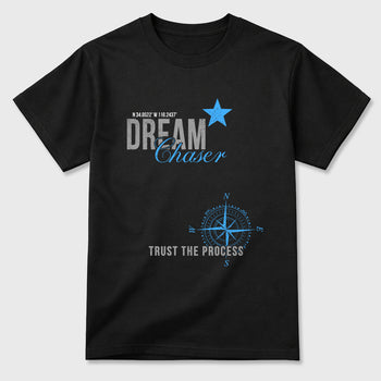 Dream Chaser Graphic T-Shirt sneaker match tee designed for the Air Jordan 5 Black University Blue, featuring coordinated color options for a perfect streetwear match. Black 2 shirt.