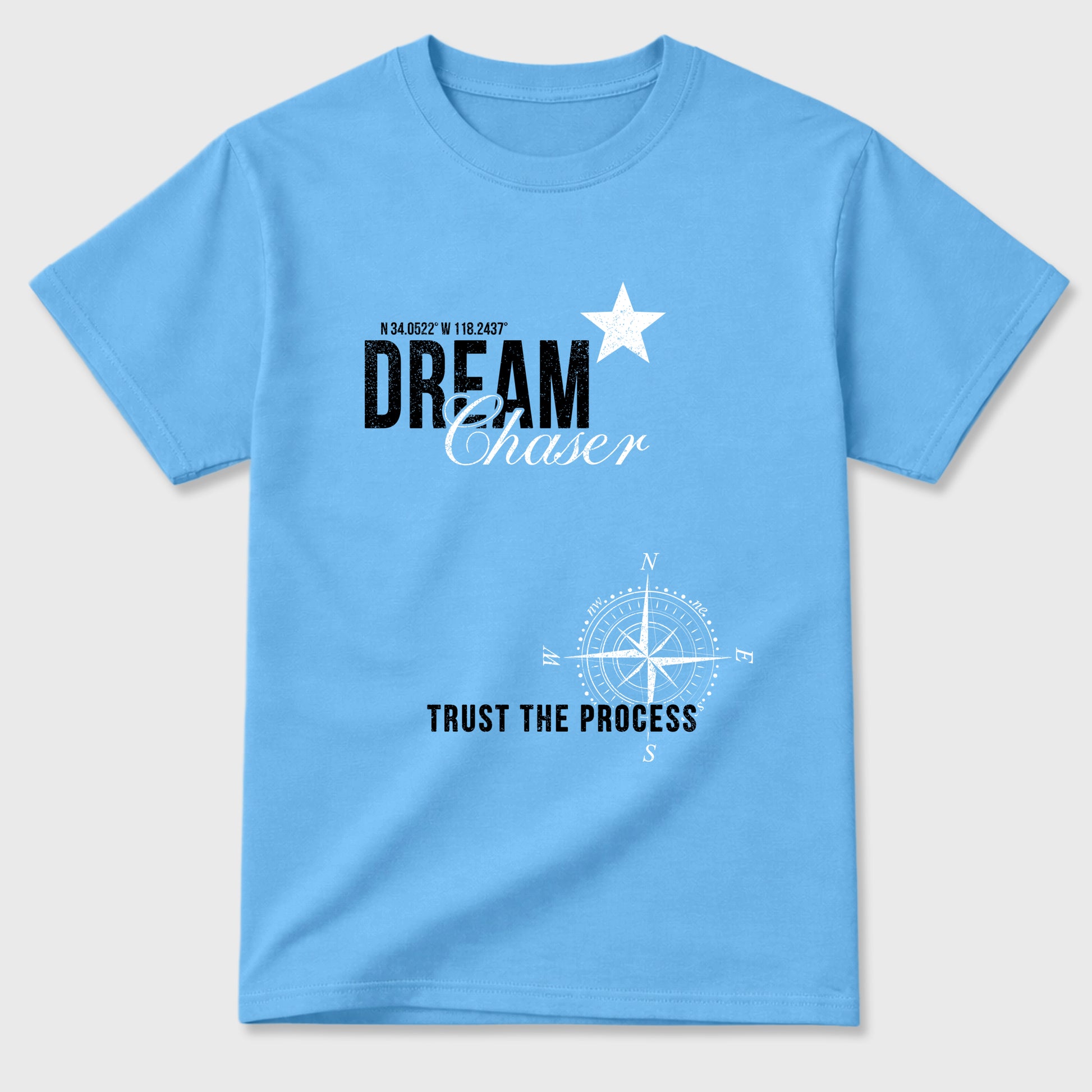 Dream Chaser Graphic T-Shirt sneaker match tee designed for the Air Jordan 5 Black University Blue, featuring coordinated color options for a perfect streetwear match. Carolina Blue 2 shirt.