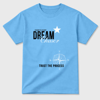 Dream Chaser Graphic T-Shirt sneaker match tee designed for the Air Jordan 5 Black University Blue, featuring coordinated color options for a perfect streetwear match. Carolina Blue 2 shirt.