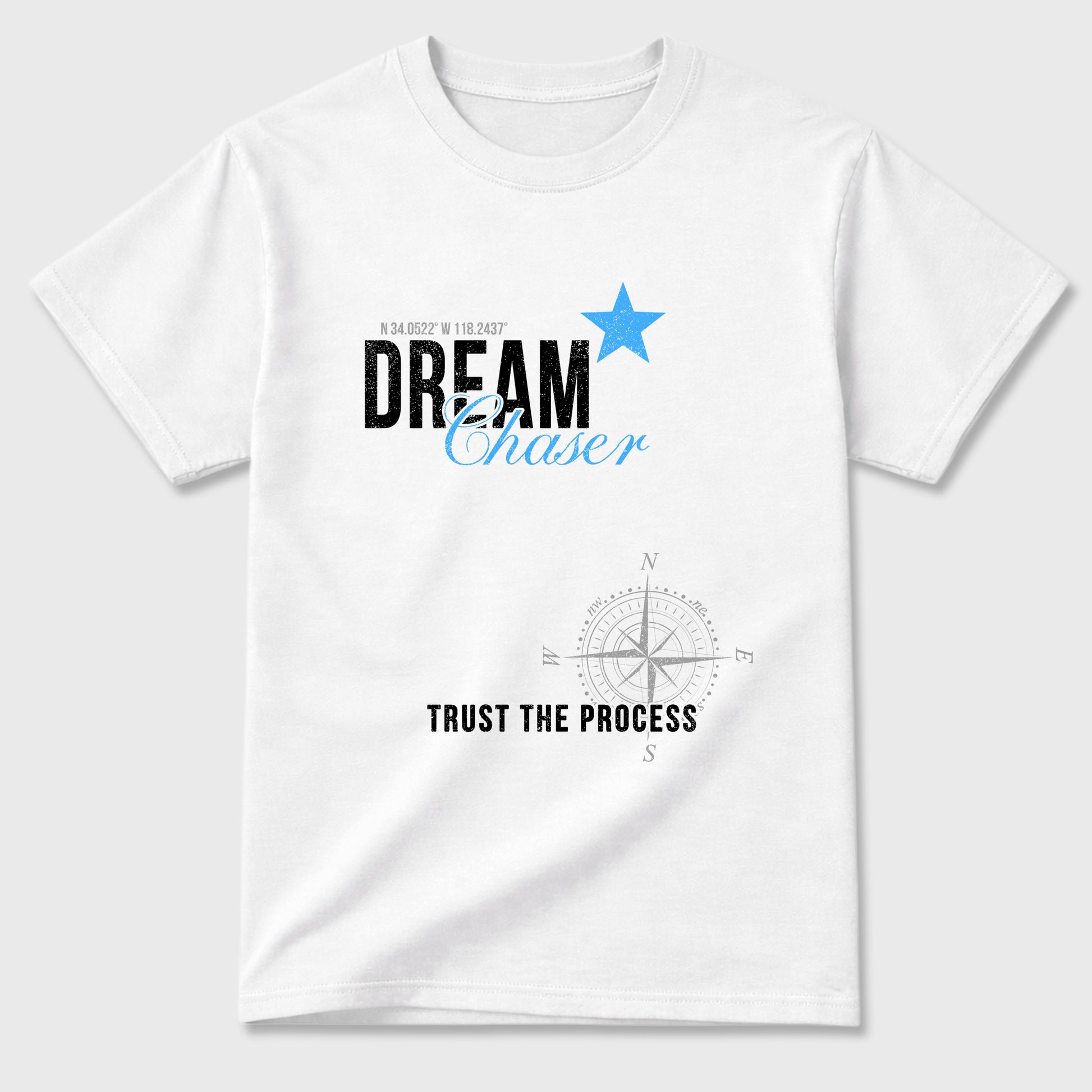 Dream Chaser Graphic T-Shirt sneaker match tee designed for the Air Jordan 5 Black University Blue, featuring coordinated color options for a perfect streetwear match. White 2 shirt.