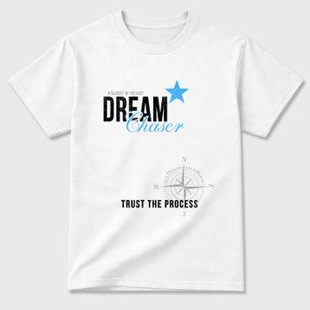 Dream Chaser Graphic T-Shirt sneaker match tee designed for the Air Jordan 5 Black University Blue, featuring coordinated color options for a perfect streetwear match. White 2 shirt.