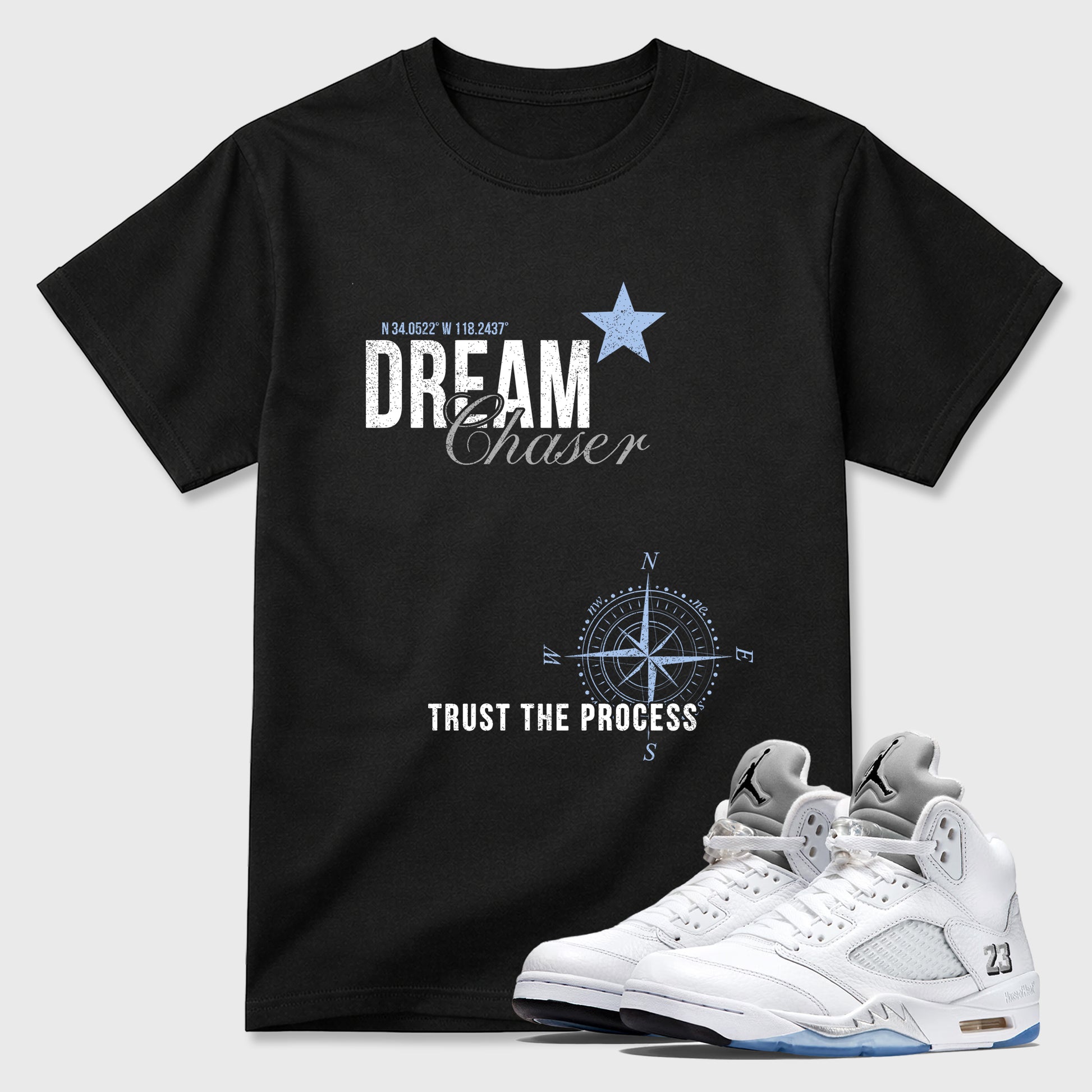 Sneaker match tees – Sneaker Tees To Match Air Jordan 5 White Metallic Shoes – Dream Chaser Tee Black 1