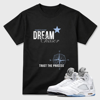 Sneaker match tees – Sneaker Tees To Match Air Jordan 5 White Metallic Shoes – Dream Chaser Tee Black 1