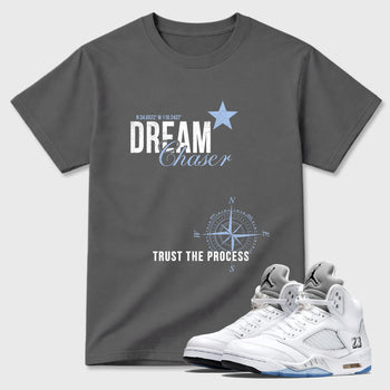 Sneaker match tees – Sneaker Tees To Match Air Jordan 5 White Metallic Shoes – Dream Chaser Tee Cool Grey 1